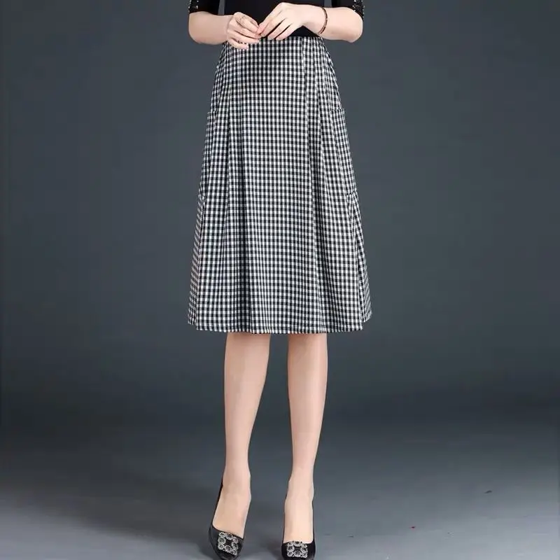 Office Lady Fashion Plaid Skirts Korean Streetwear Female Clothing Elastic Waist Vintage Women Spring Summer Casual A-line Skirt