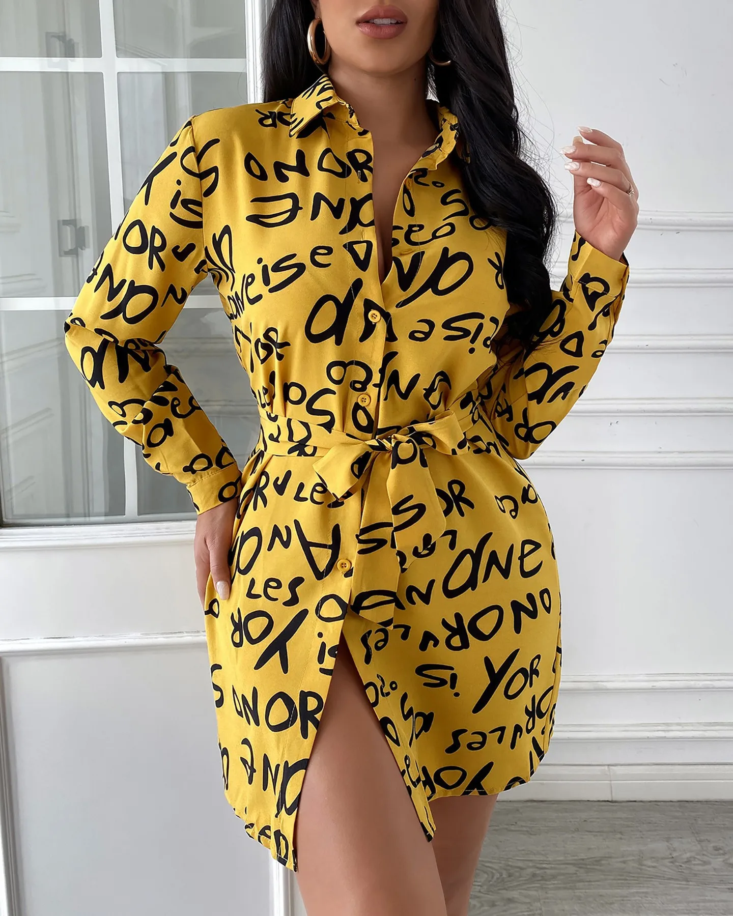 Moda manga longa carta impressão camisa vestido feminino 2024 outono casual amarelo botões de escritório mini vestidos para mulher robe femme