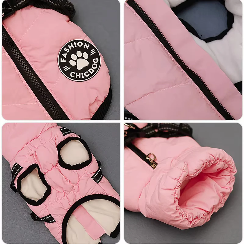 Winter Pet Jacket with Harness Attached Puppy Coat Waterproof  Small Dog Cat Clothes Chihuahua Collar Pug Poodle Costumes Outfit