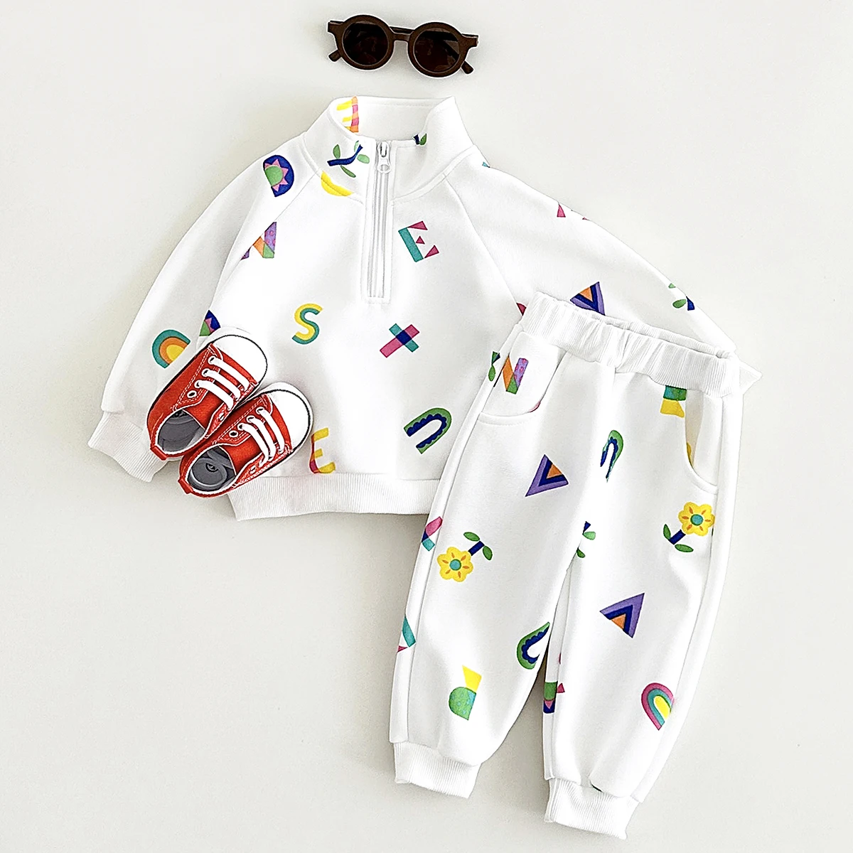 Baby Boys Clothes Sets Fall Fleece Warm Zipper Sweatshirt Color Print Letters Thick Pants Winter Newborn Girls Infant Suits