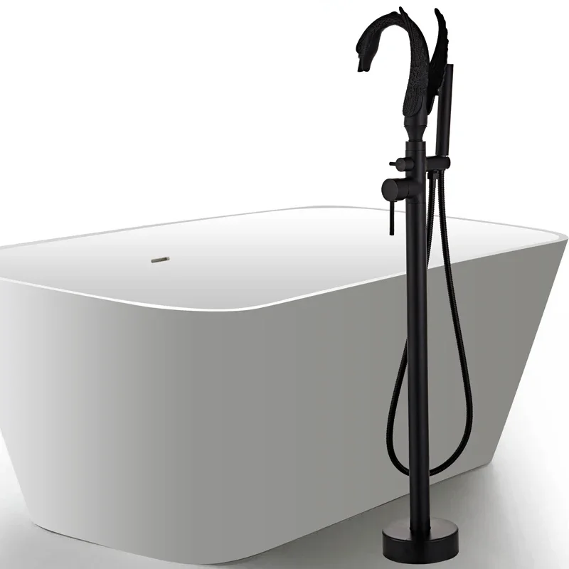 

Блестящий золотой смеситель для ванной комнаты с ручным душем, отдельно стоящий смеситель для ванны «Черный лебедь», напольный смеситель, 3 цвета