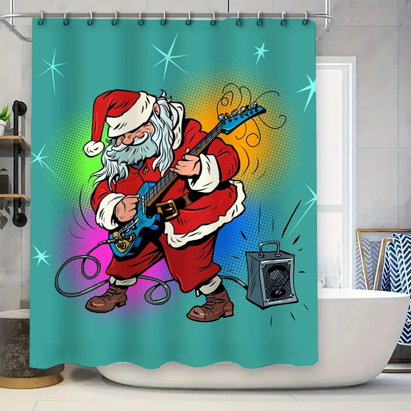TU Rockstar Santa Claus Tirai Mandi Dekorasi Musik Natal Kain Kamar Mandi Hadiah Liburan Meriah Dinding Santa Claus Rock and Roll