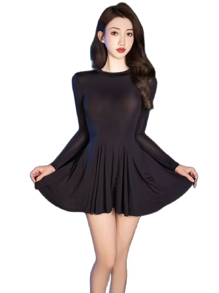 

Long Sleeve Pleated A-line Vestidos Transparent Hot Dress Package Hip Minifalda Sundress Tights Sexy Clubwear Miniskirt Babydoll