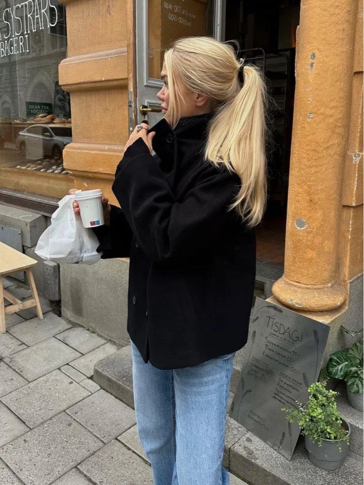 Elegant Women's Coat High Stand Collar Full Sleeve Double Breasted Solid Female Coats 2025 Autumn Fashion High Street Lady Top