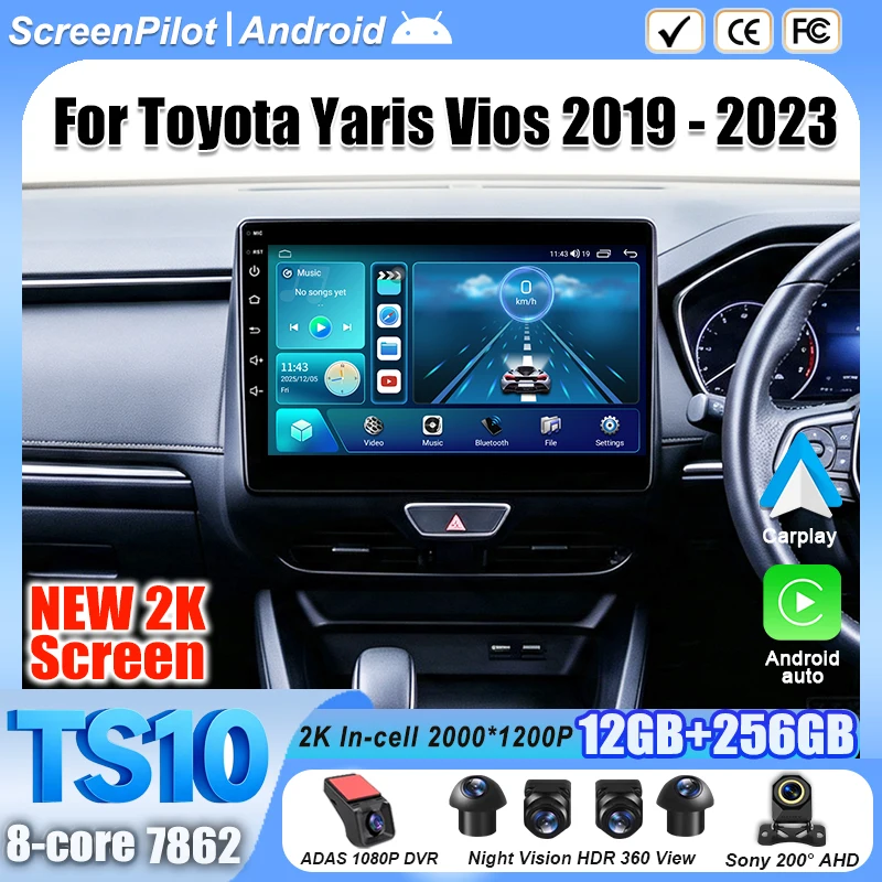 Android 16 For Toyota Yaris Vios 2019-2023 Car Radio Stereo Head Unit  Multimedia Video Player GPS Navigation 2K QLED 9 Inch RDS