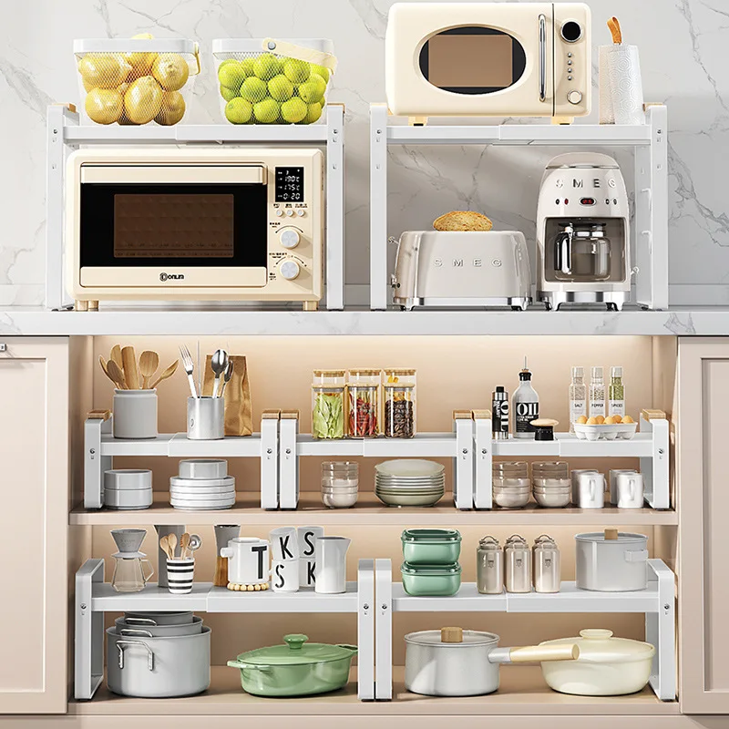 Expandable Kitchen Storage Rack Cabinet for Pots And Microwave Oven Sink Shelving Organizer - Wall Mounted Pot Rack