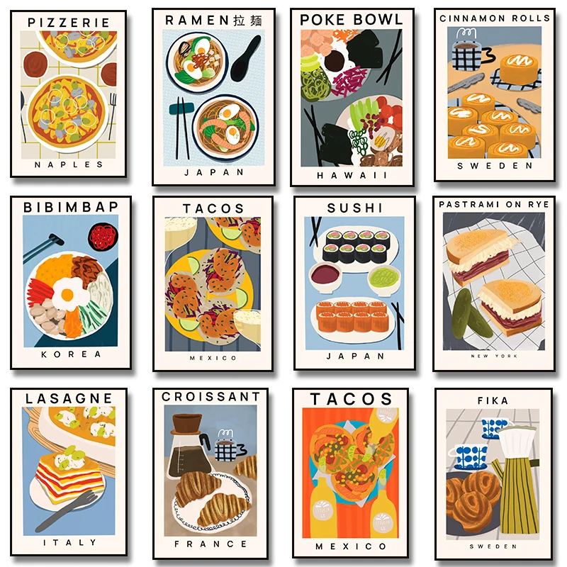 Pizza Tacos Sushi Ramen Croissant Sandwich Poster Canvas Painting   Print Foodie Gift, Italy Art, Kitchen Home Decor Cuadros