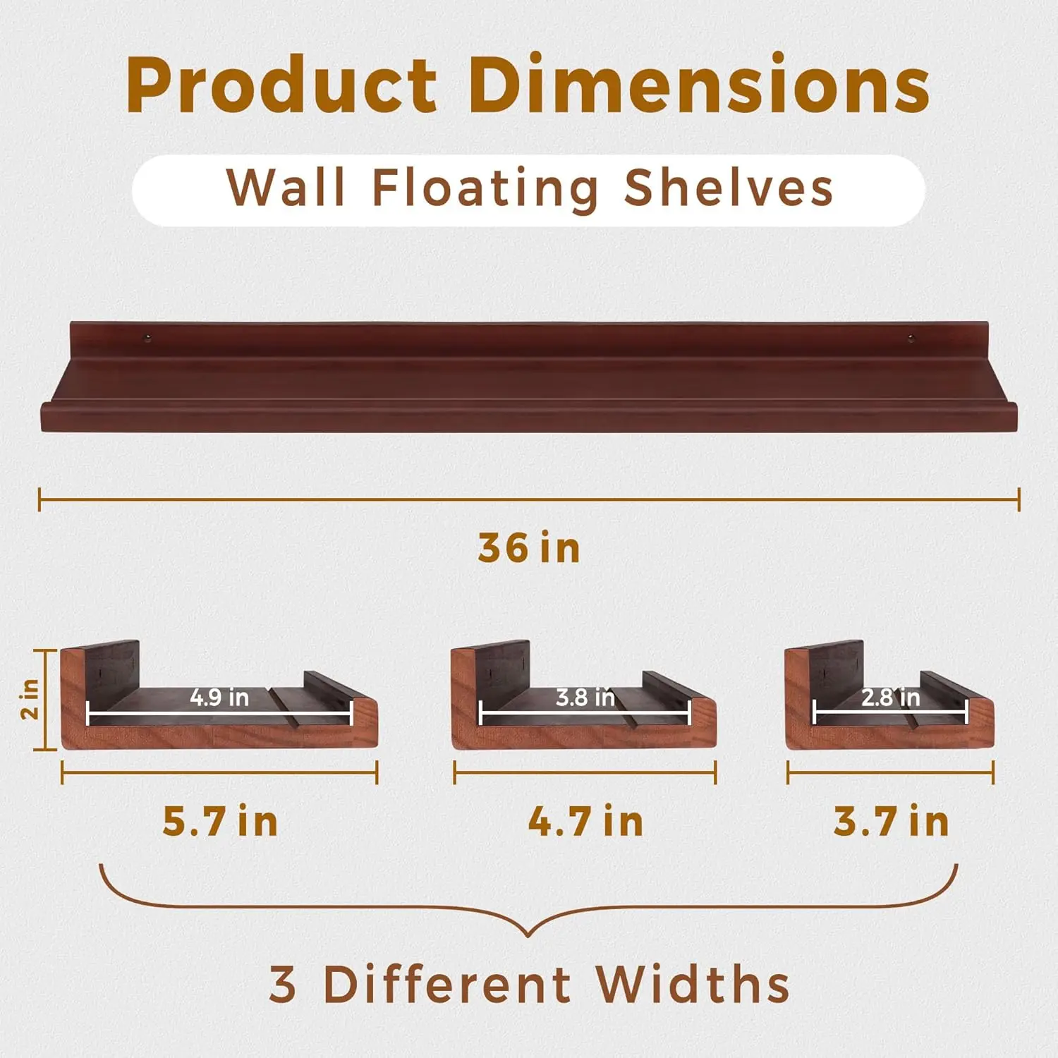 

Annecy Floating Shelves Wall Mounted Set Of 3, 36 Inch Dark Walnut Solid Wood Shelves For Wall, Wall Storage Shelves With Lip