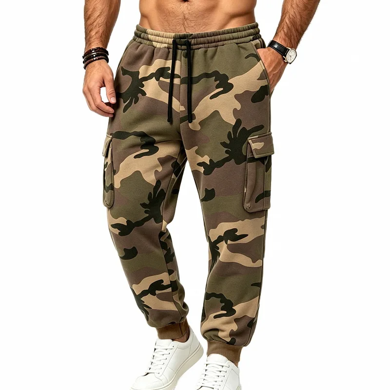 Herren Einteilige Herbst/Winter Fleece-Gefütterte Tarnfarben-Arbeitshose mit Kordelzug, Mehrfachtaschen Lässige Weite Sport-Hose – Detail 10