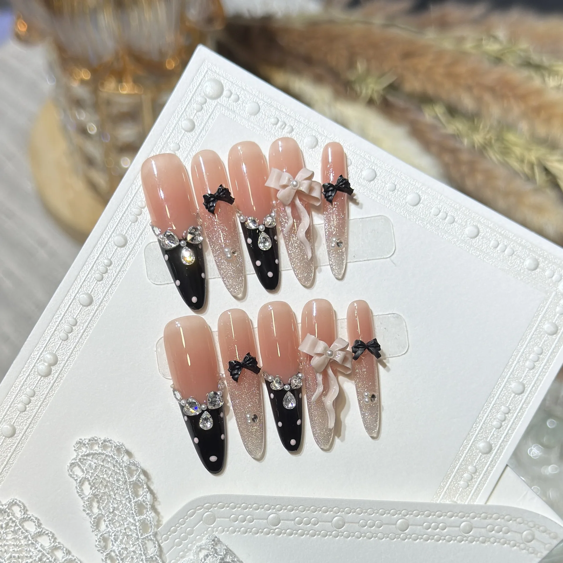 10pcs Handmade Press on Nails French Cat Eye Pink Bow Decor Korean False Nails Wearable Full Cover Long Almond False Nail Tips