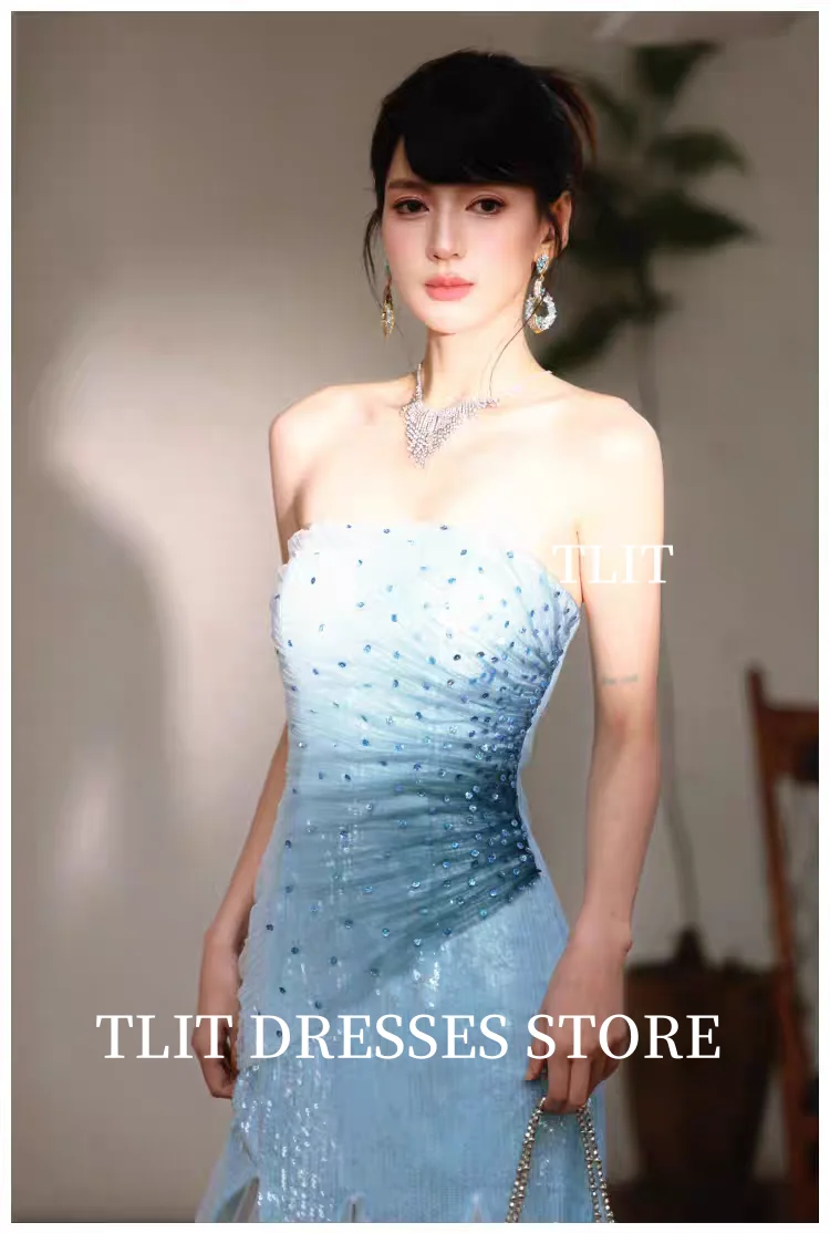 فستان سهرة أنيق مزين بالكريستال من TLIT بدون حمالات فساتين حفلات بفتحة عالية مطرزة بدون ظهر مخصصة للحفلات الرسمية