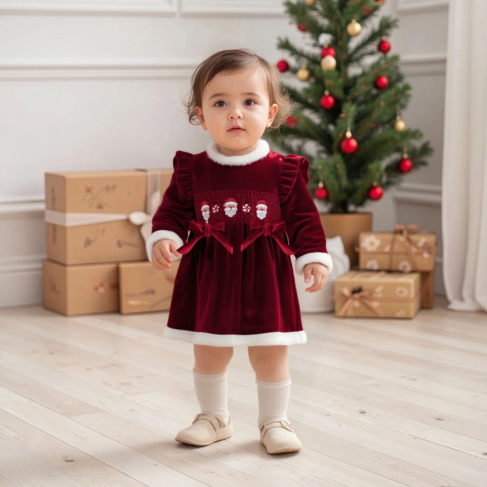 فستان Blotona للفتيات الصغيرات لعيد الميلاد مزين بالفرو سانتا كلوز مطرز برقبة دائرية وأكمام طويلة على شكل حرف A فستان مخملي