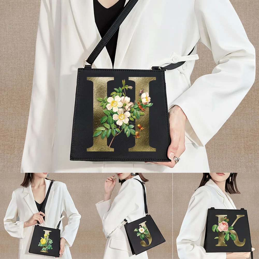 Women Shoulder Square Bag 2024 New Style Crossbody Case Bucket Bags Commuter Messenger Handbag Golden-flower Initial Name Series