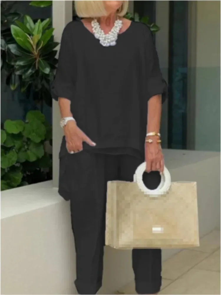 심플 코튼 린넨 여성 정장 가을 O넥 긴팔 루즈 블라우스 와이드 레그 팬츠 투피스 세트 여성 캐주얼 의상