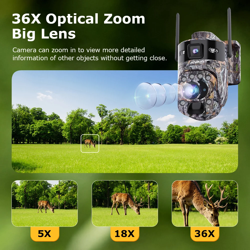 SHIWOJIA 8K 15MP 4G Solar Camera 36X Zoom Len Recording Camouflage Tracking Outdoor WIFI Camera Metal Waterproof CCTV 20800mAh view 4