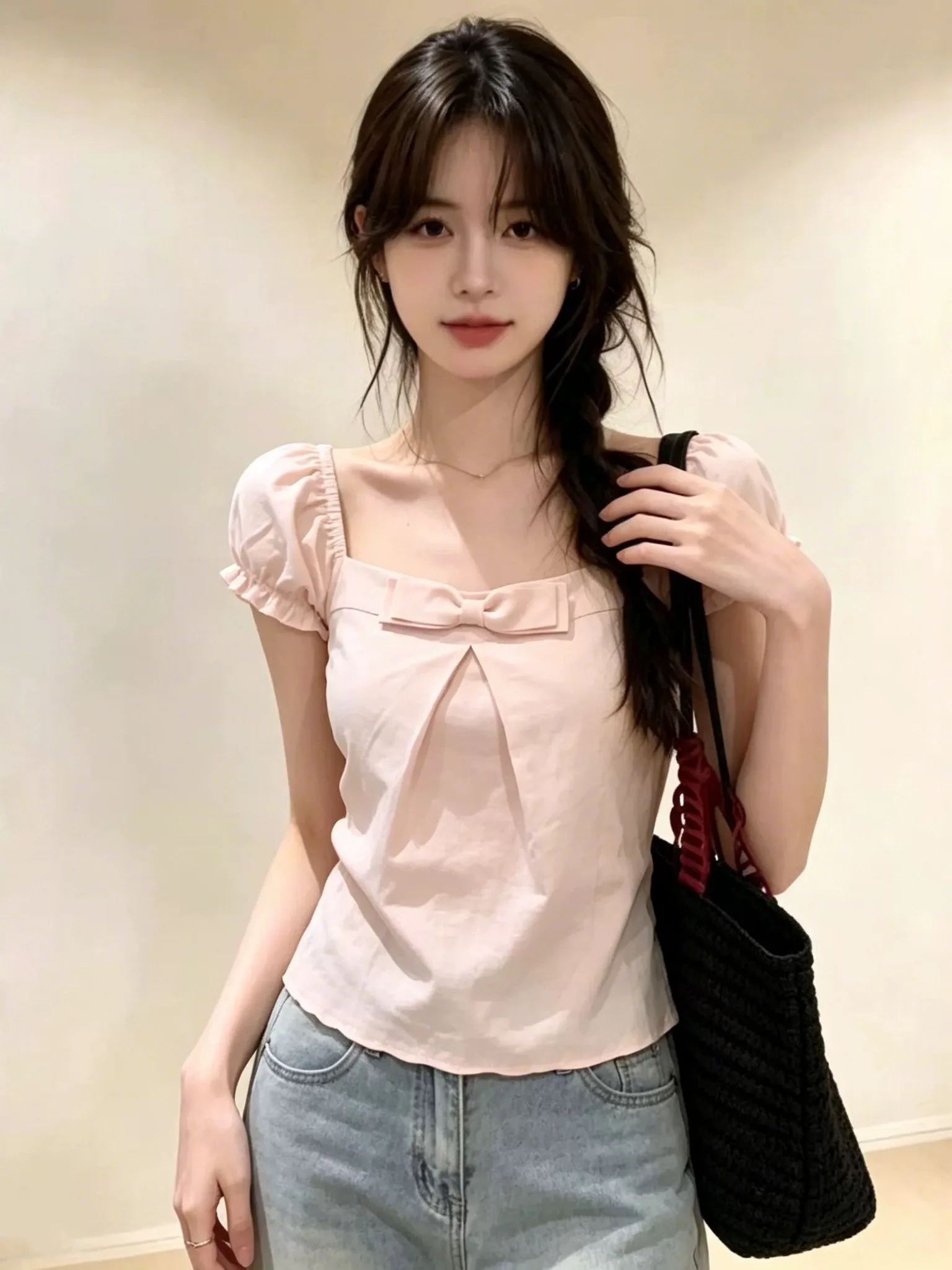 Sweet Style Knot Square Collar Short Sleeve Loose Slimming Bubble Sleeve Shirt Women's Summer New Fashion Top 2