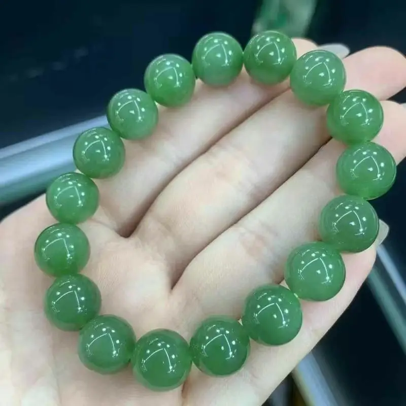 Natural Hetian Old Russian Jade Single-Loop Bracelet With Green Pendant, Fashionable And Versatile