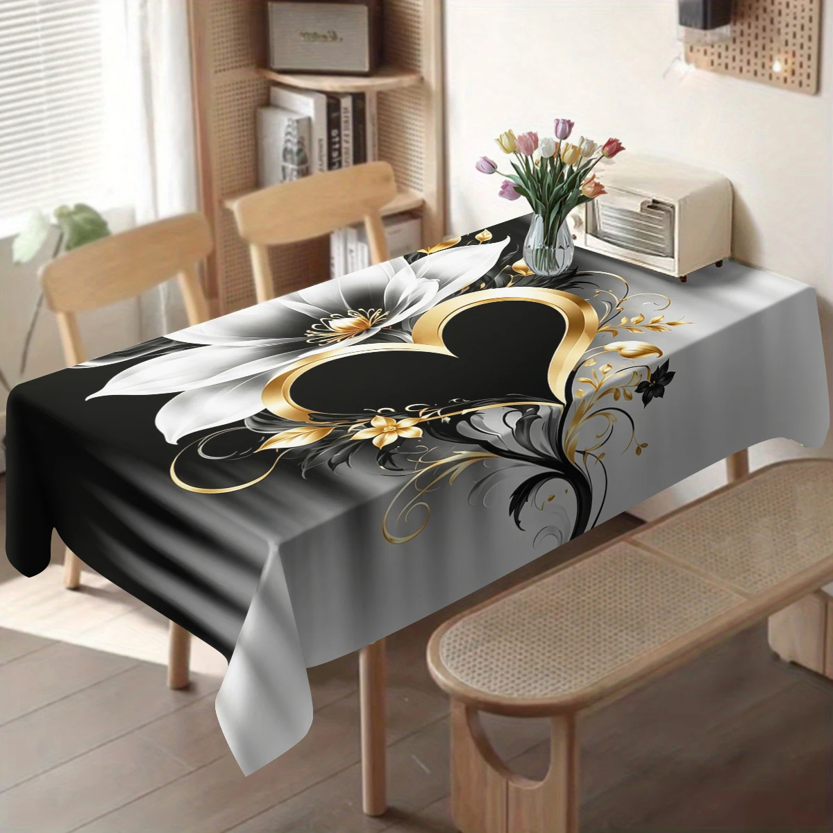 Gorgeous Peony Pattern Polyester Tablecloth - Stylish Striped & Polka Dot Table Cover for Home Dining, Party Table Decoration