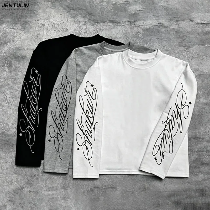 Hip Hop Y2k Long Sleeved Top Subculture Harajuku Letter Print Punk Top Street Wear Rock Gothic Oversized Long Sleeved T-shirt