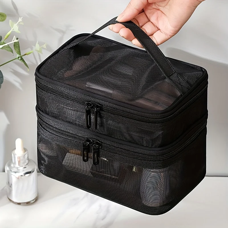 Borsa da toilette per borsa cosmetica a doppio strato, borsa da viaggio per cosmetici in rete, Organizer per trucco di grande capacità con manico