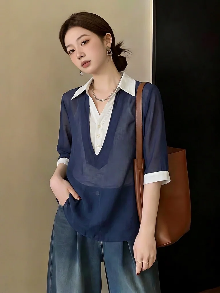 

Elegant Dark Blue V-Neck Short Sleeve Shirt Women's plus Size Summer New Style Korean Version Loose Fit Commute Wind Shirt
