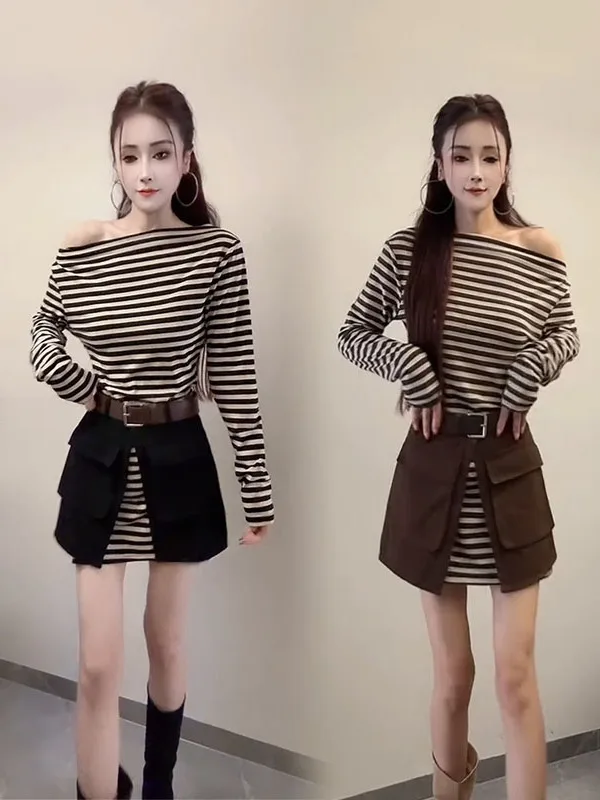 

Модный женский комплект с полосатыми вставками на плечах и длинными рукавами, осень 2025: юбка с разрезом и топ, повседневный стиль