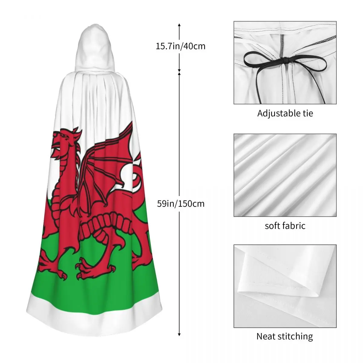 Flag Of Wales Hooded Cloak Polyester Unisex Witch Cape Costume Accessory