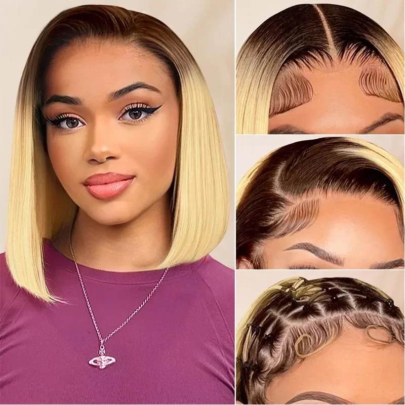 

T4/613 Short Bob Wig Human Hair 13×4 Transparent Lace Frontal Bob Wigs Human Hair 180% Density Glueless Wigs for Black Women