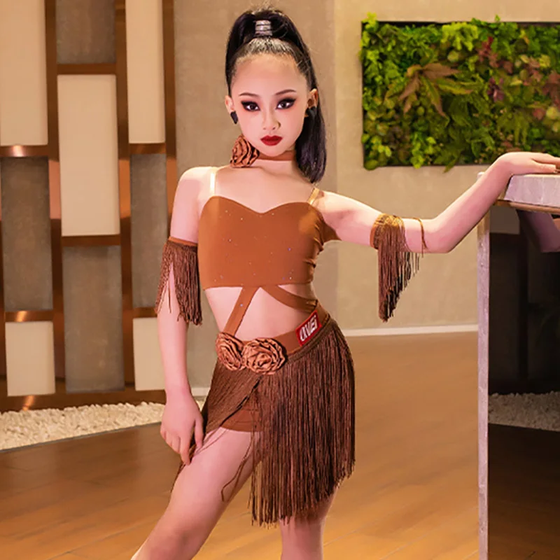 Vêtements de danse latine pour enfants filles, bretelles Spaghetti, dos nu, jupes à franges, ensembles de Costumes de spectacle de Festival Rumba