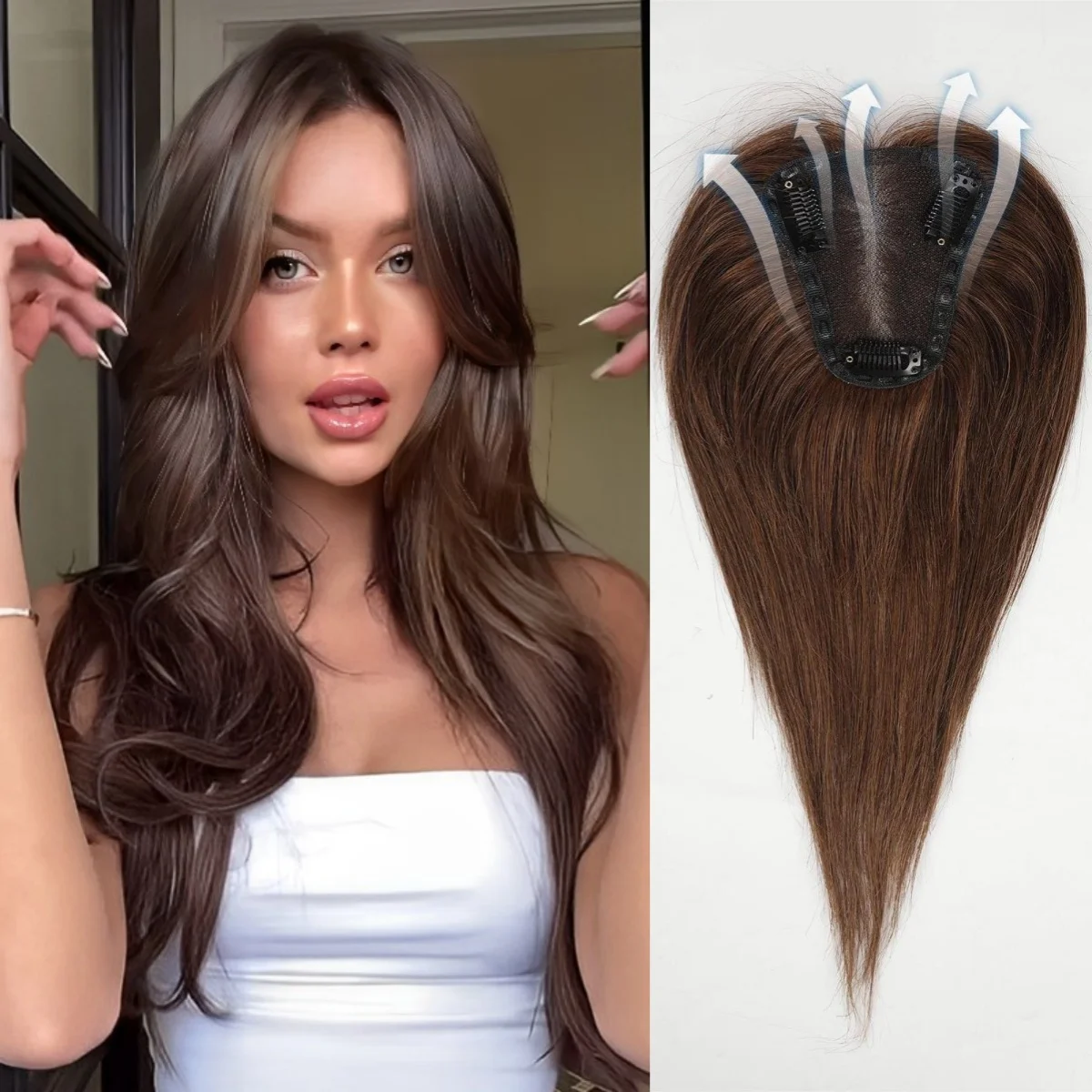 Brown Human Hair Toppers Straight Lace Base Hair Extensions Clips in Hair for Women Hairpieces 100% Remy Human Toppers 12inches