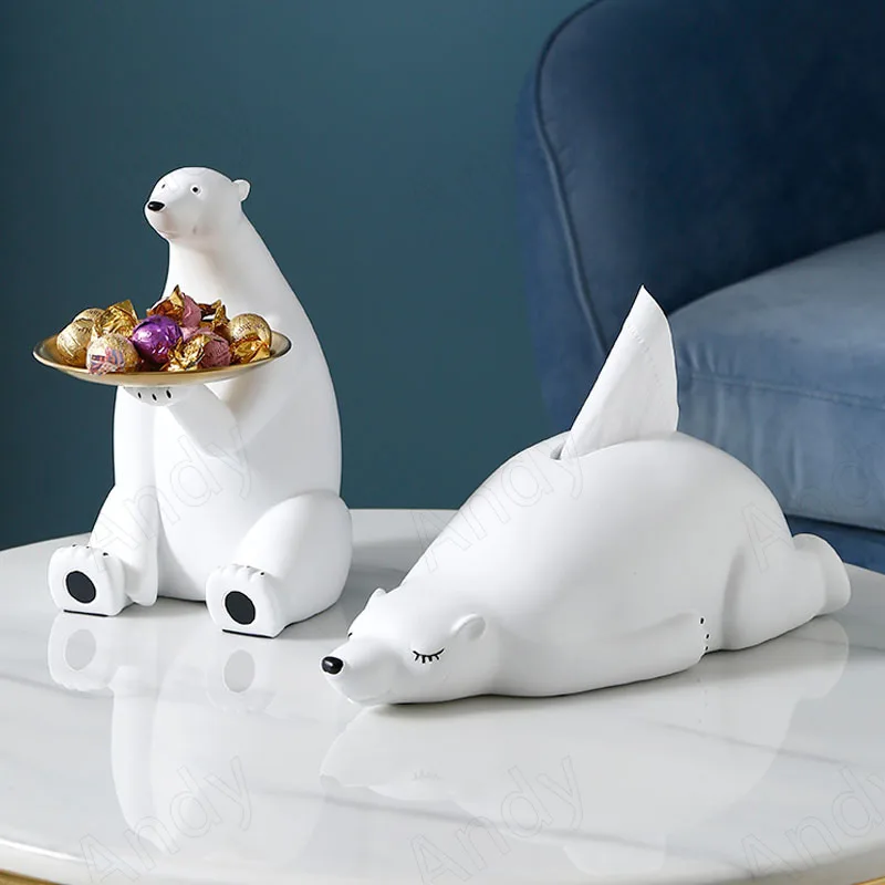 

European Resin Tissue Box Manual Polar Bear Decorative Living Room Paper Boxes Creative Bedroom Ornaments Cute Home Decoration