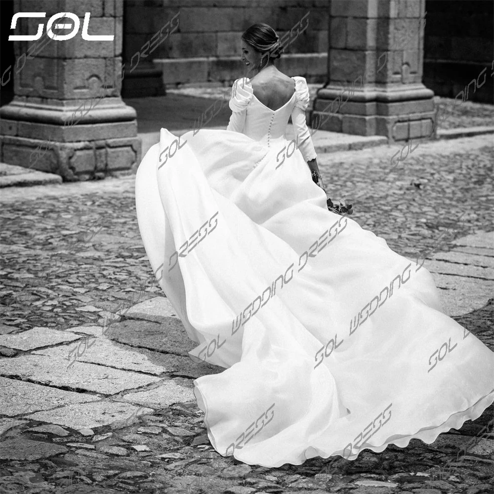 SOL Elegant Detachable Train Long Puff Sleeves Wedding Dresses Square Collar Backless Mermaid Bridal Gowns Vestidos De Novia