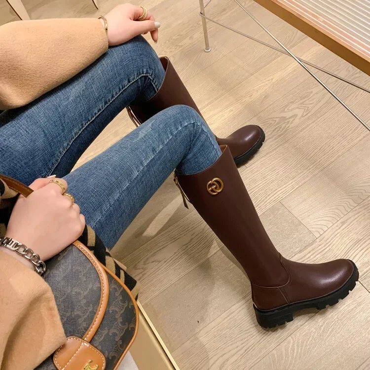 2024Winter New Thick Bottom Round Head Coarse Heel Low Heel Long Tube Women's BootsRear Zipper Leather Black Brown Fashion Boots