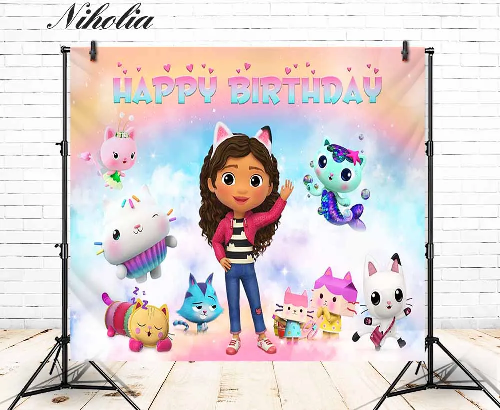 Niholia Gabby Dollhouse Birthday Backdrops Girls Room Background Cloth Custom Colorful Photographic Decor Banner