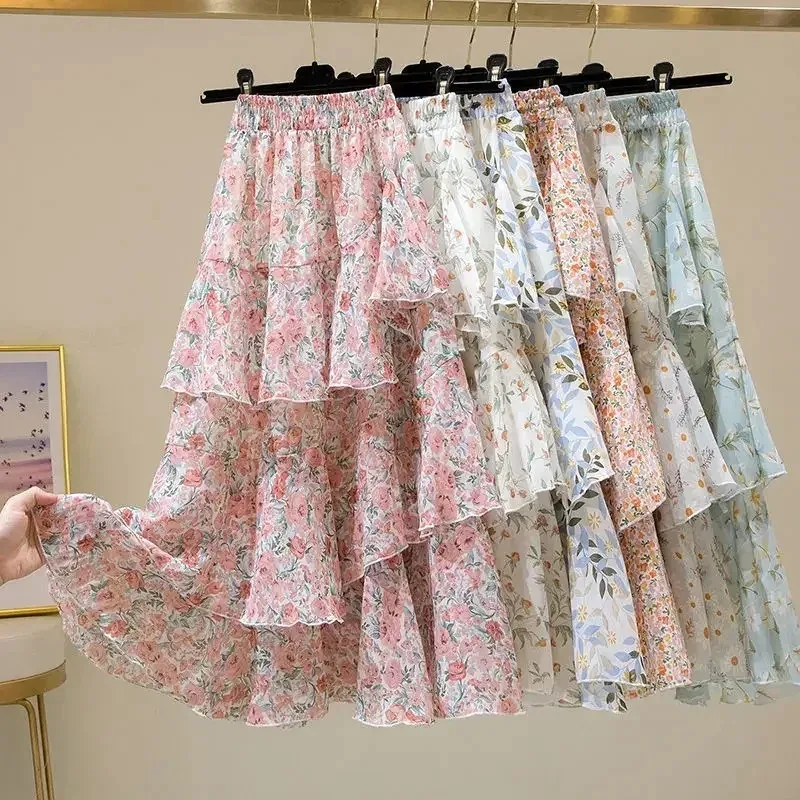 

Hot Sale Floral Skirt Women New Summer 2025 Sweet Ruffled A-line Chiffon Long Skirt Woman Korean Clothing