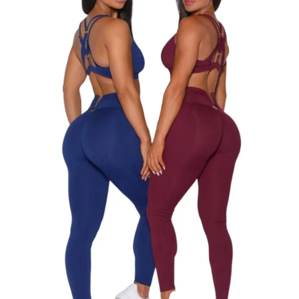 2Pcs Double Cross Strap Yoga Jumpsuit High Waist Shockproof Fitness Bodysuit Comfortable Quick Drying Women's Tracksuit