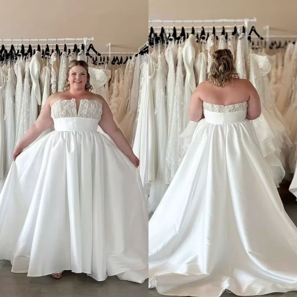 

MANRAY Customized Plus Size Wedding Dresses for Bride Satin Beaded Strapless Sleeveless Sweep Train A Line Bridal Gown