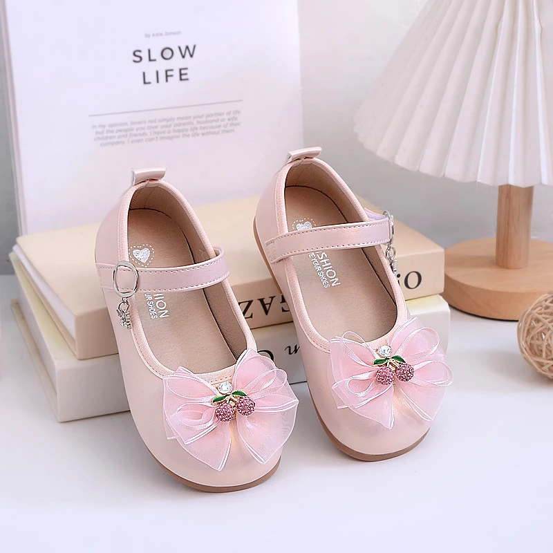 Girls Mary Jane Shoes with Cherry Children Flats Princess Shoes Soft Sole Kids Leather Shoes for Party Wedding Size 22-31