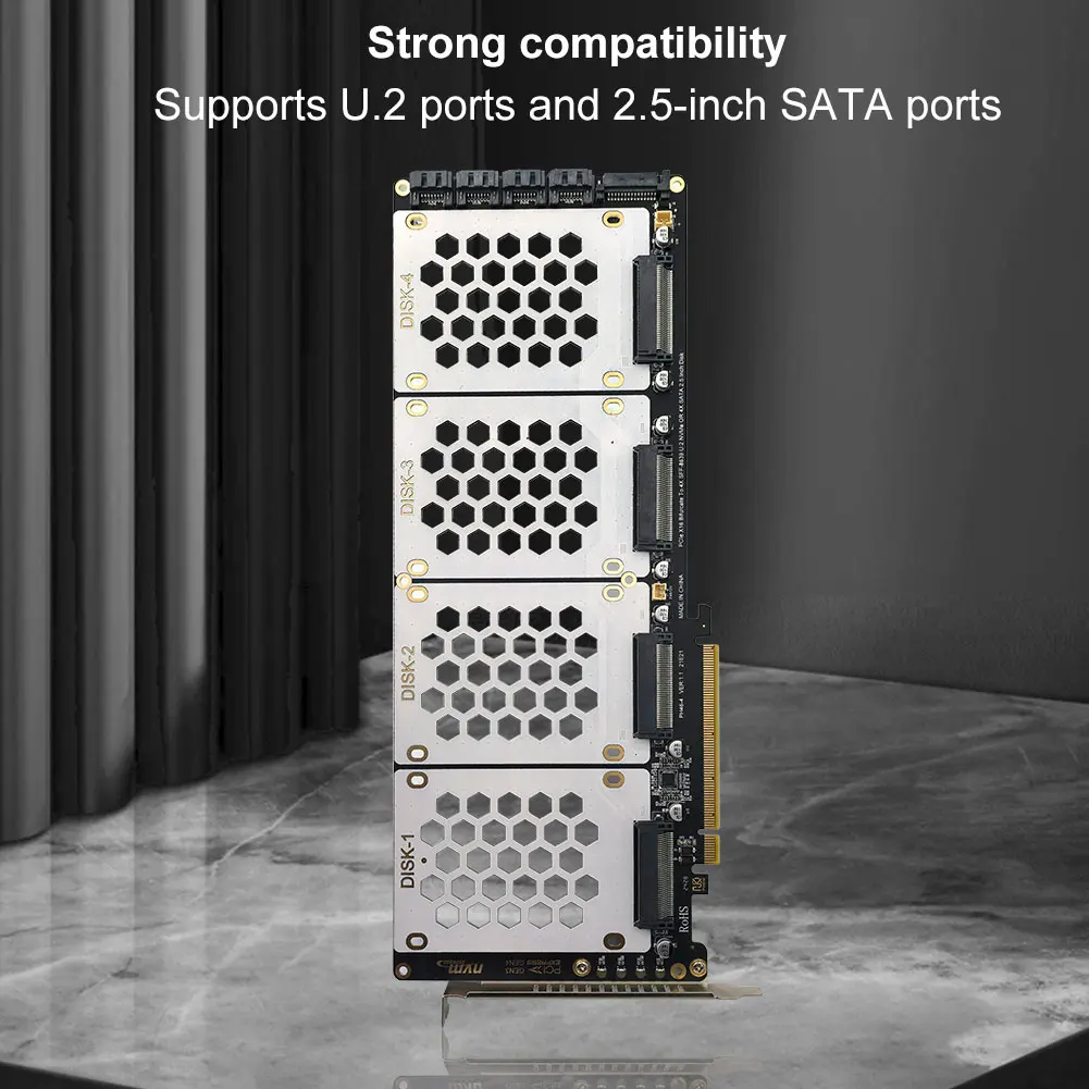 Tarjeta adaptadora SATA SSD de 4 puertos U2 NVME de 2,5 pulgadas, placa base compatible con PCIe X4x4x4x4 bifurcación U.2 a tarjeta PCIe con indicador LED