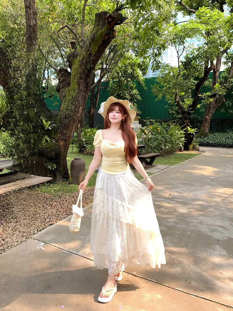 

Элегантная кружевная юбка с эластичным поясом и подолом, женская, больших размеров, стройнящая, длинная, от бренда IAK, в девичьем стиле, для повседневной носки, А-силуэт