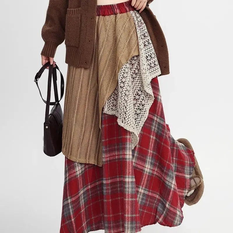 Autumn Winter Woolen Plaid Skirts Women Elastic High Waist Patchwork Irregular Waste Soil Wind Fashion Loose A-line Big Skirt