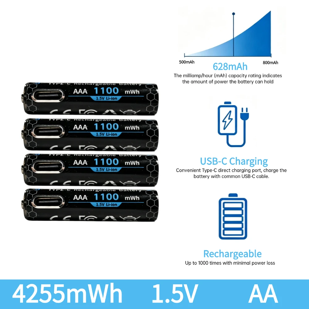 PUJIMAX AAA LR03 USB‑C Rechargeable Battery 1.5V 1100mWh Lithium Battery for Wireless Mouse Remote Control Electronic Devices