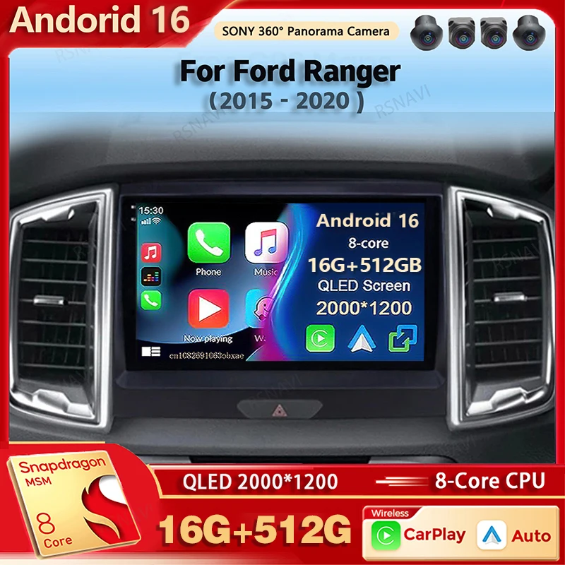 Radio Multimedia para Auto con Android 16 y Qualcomm para Ford Ranger 2015 2016 2017 2019 2020, Reproductor con Carplay, Estéreo para Auto, Voz Ai, 2 Din