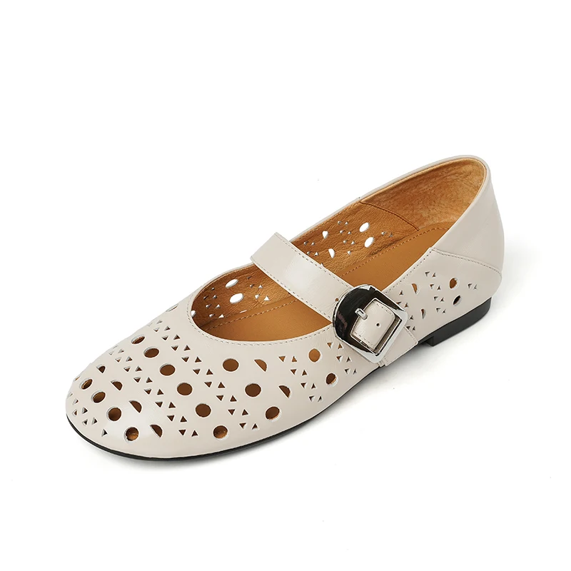 

Fashion Chunky Heel 1.5cm Mary Jane Shoes Round Toe Single Strap Buckle Eyelet Genu Cow Leather Rubber Sole Beige Silver