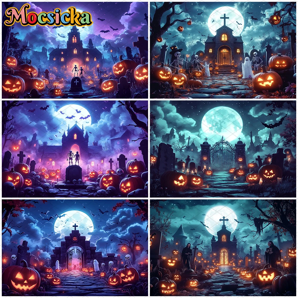 

Mocsicka Halloween Castle Background Pumpkin Night Moon Bat Demon Skeleton Gravestone Jack-O-Lantern Decorations Banner Backdrop