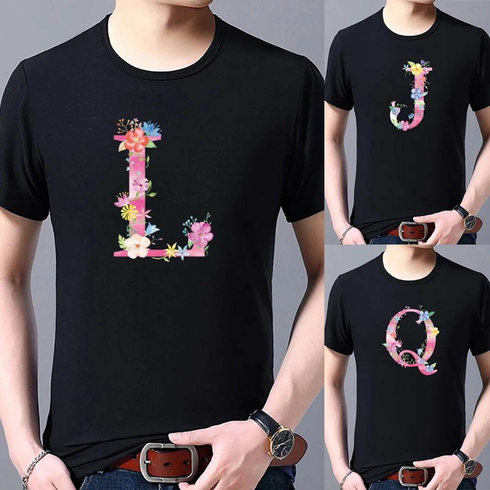 

T-Shirt Men's Round Neck Short Sleeve Black Simple Summer Pink Letter Name Pattern Fashion Casual Men's Top T Shirt