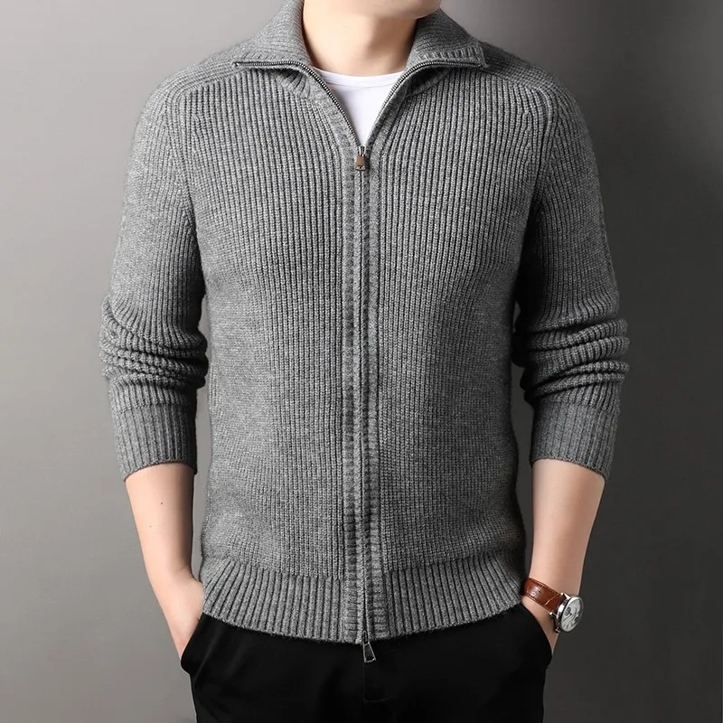 

Autumn Winter New Men'S Knitted Cardigan Young And Middle-Aged Fashion Casual Zipper Lapel Sweater Coat Men