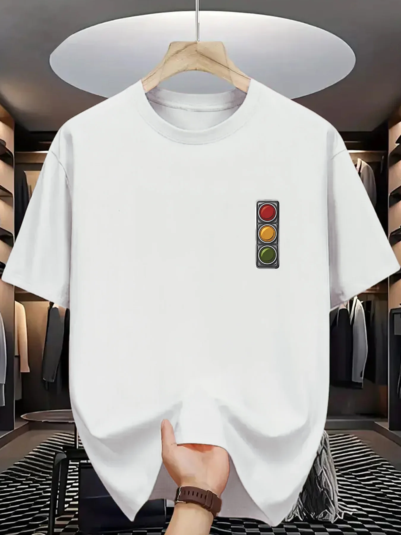 Mini Signal Print Men Short Sleeve Tshirt Small Traffic Light Chest Pattern O Neck Tee Simple Trendy Male Street Fashion Tops