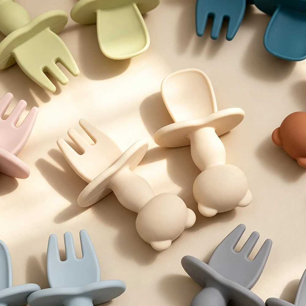 Custom Name Short Handle Silicone Baby Spoon & Fork Set | Toddler Self-Feeding Utensils Panda Shaped