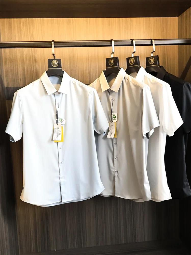 

Summer 2025 Men's Faionable Silk Blend ort Sve irt Stand Collar Versatile Lightweight Busin Casual Stand Fit